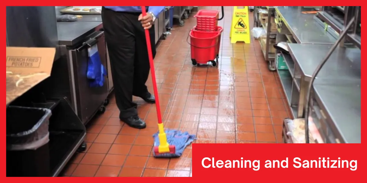 Cleaning and Sanitizing Person mopping a commercial kitchen floor with a caution wet floor sign nearby